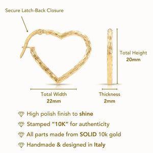 Solid 10K Yellow Gold Heart Shape Hoop Earrings, with Secure Lever Backs, Diamond-Cut Pattern, Italian Style Design, Made in Italy