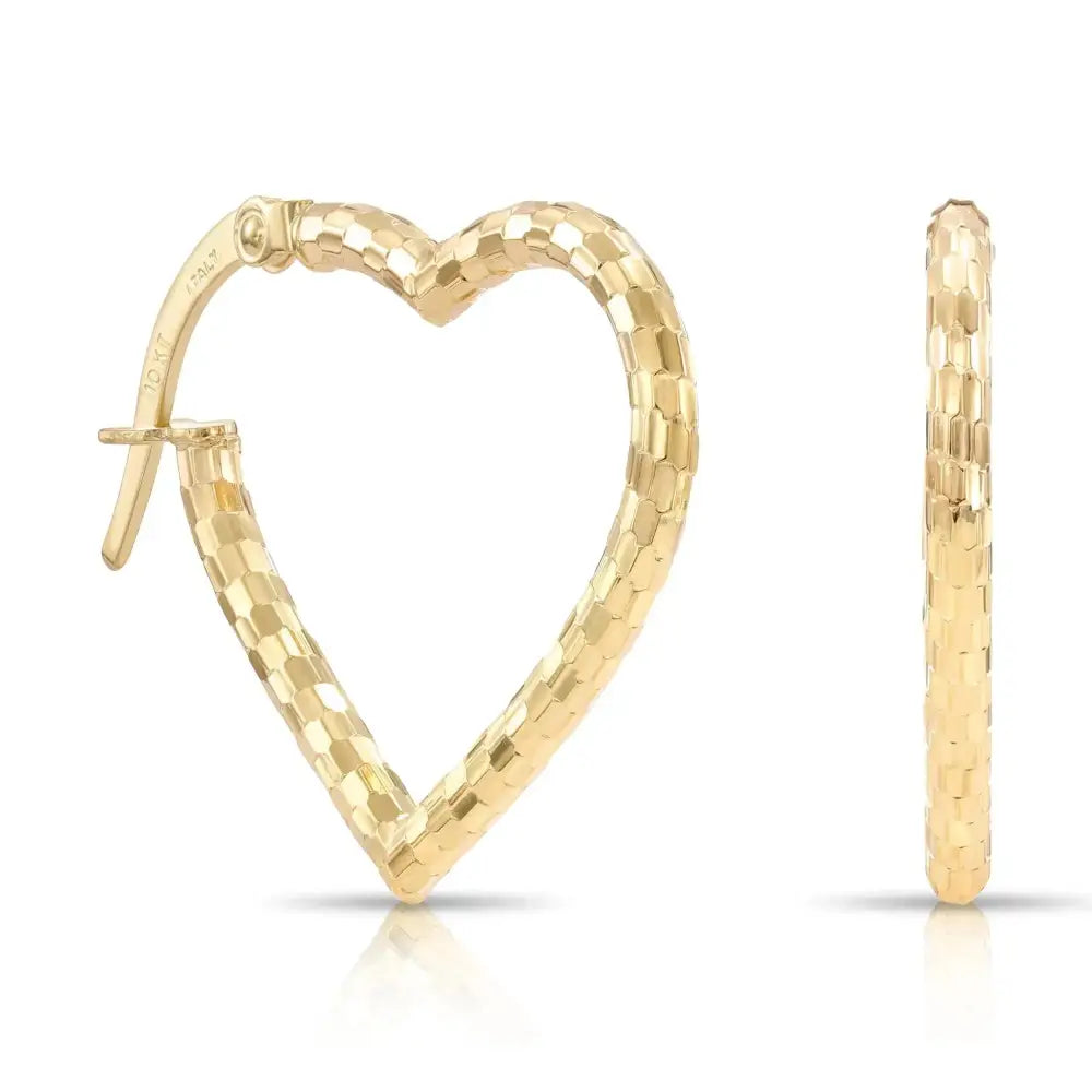 Solid 10K Yellow Gold Heart Shape Hoop Earrings, with Secure Lever Backs, Diamond-Cut Pattern, Italian Style Design, Made in Italy