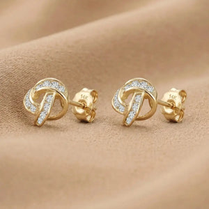 Solid 14K Gold Brilliant CZ Love Knot Twist Studs, 7Mm, with Pushbacks