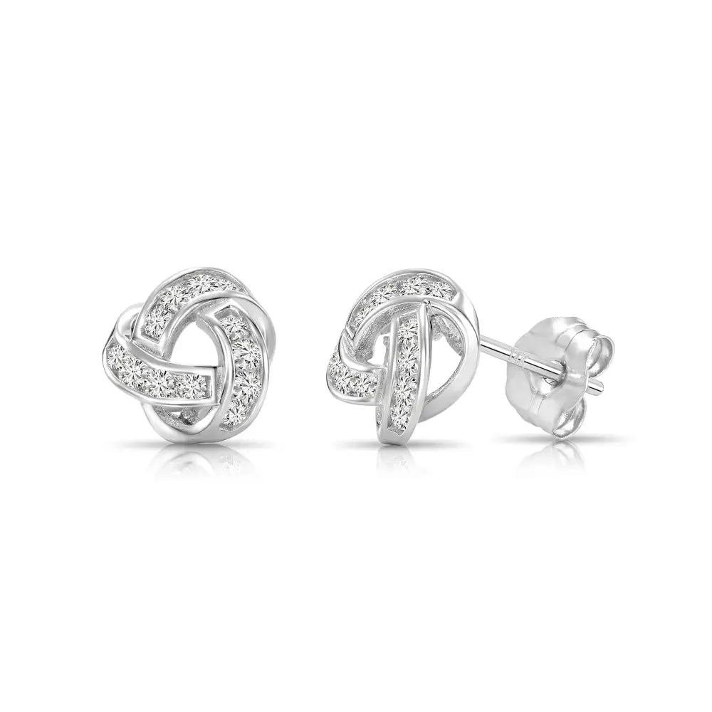 Solid 14K Gold Brilliant CZ Love Knot Twist Studs, 7Mm, with Pushbacks
