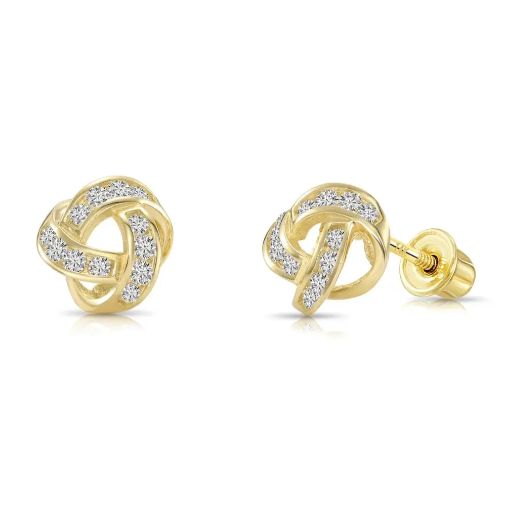 Solid 14K Gold Brilliant CZ Love Knot Twist Studs, 7Mm, with Screwbacks