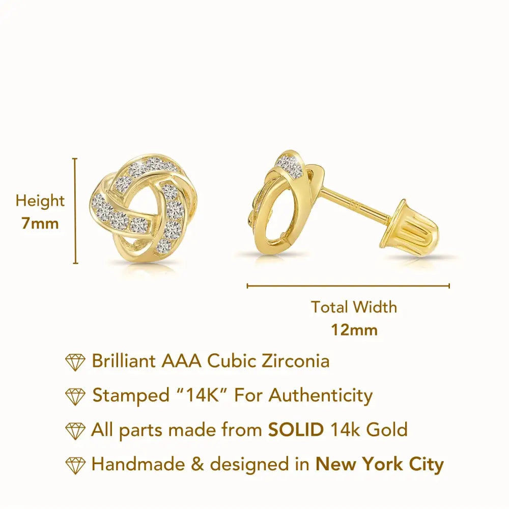 Solid 14K Gold Brilliant CZ Love Knot Twist Studs, 7Mm, with Screwbacks