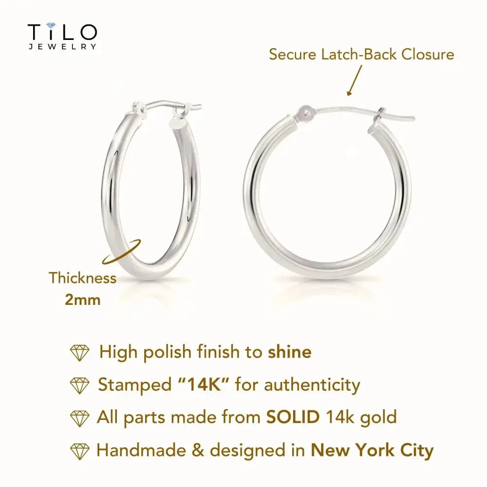 Solid 14K Gold Hoop Earrings, 14 Karat White Gold round Classic Hoops, 13Mm (0.5 Inch) Small Size Hoops, Made by TILO Jewelry