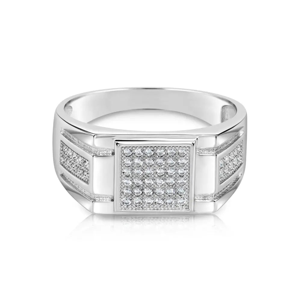 Solid 925 Sterling Silver Pave Square Signet Statement Pinky Wedding Band Ring