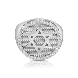 Solid 925 Sterling Silver Star of David Pave Signet Statement Pinky Band Ring