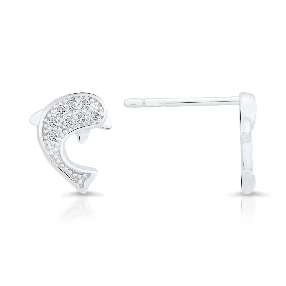 Sparkling CZ Dolphin Stud Earrings in Premium Sterling Silver.