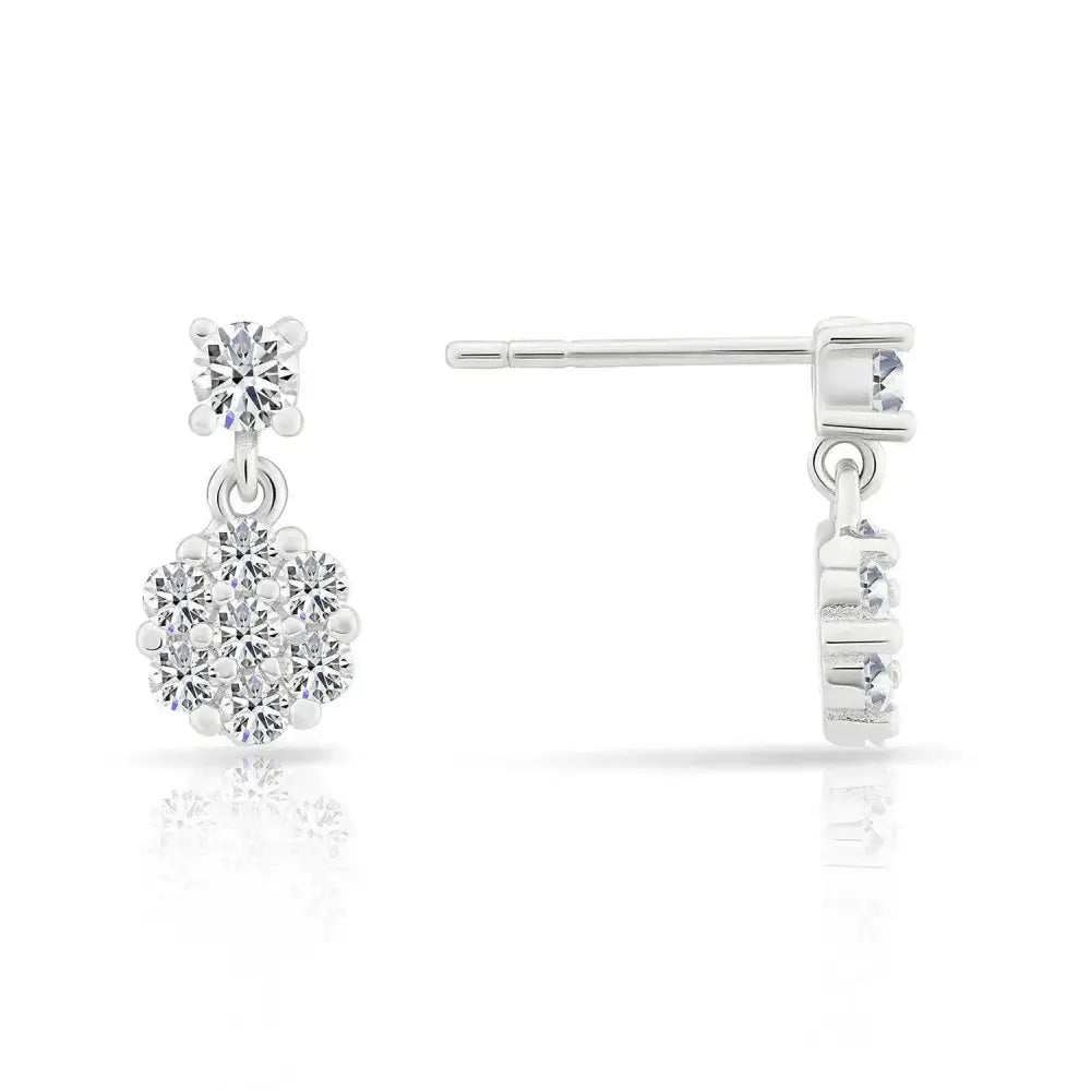 Sparkling CZ Flower Dangle Stud Earrings in Elegant Sterling Silver.