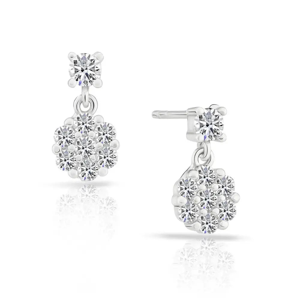 Sparkling CZ Flower Dangle Stud Earrings in Elegant Sterling Silver.