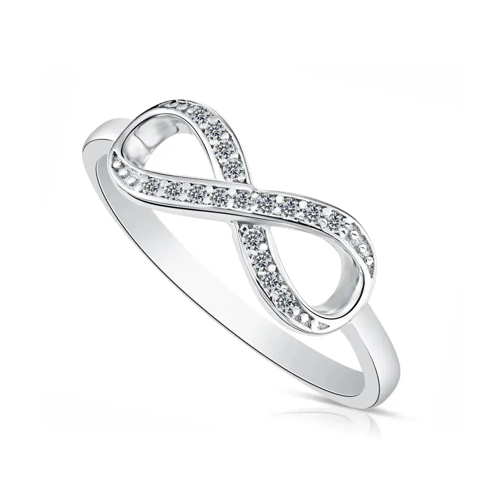 Sparkling Sterling Silver Infinity Ring with Simulated Diamonds – A Timeless Gift for Her on Any Occasion.