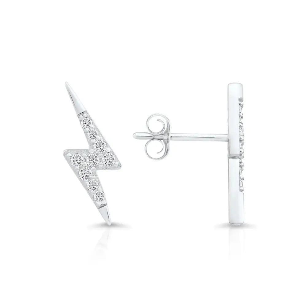 Sparkling Sterling Silver Lightning Bolt CZ Stud Earrings - Chic Pushback Design.