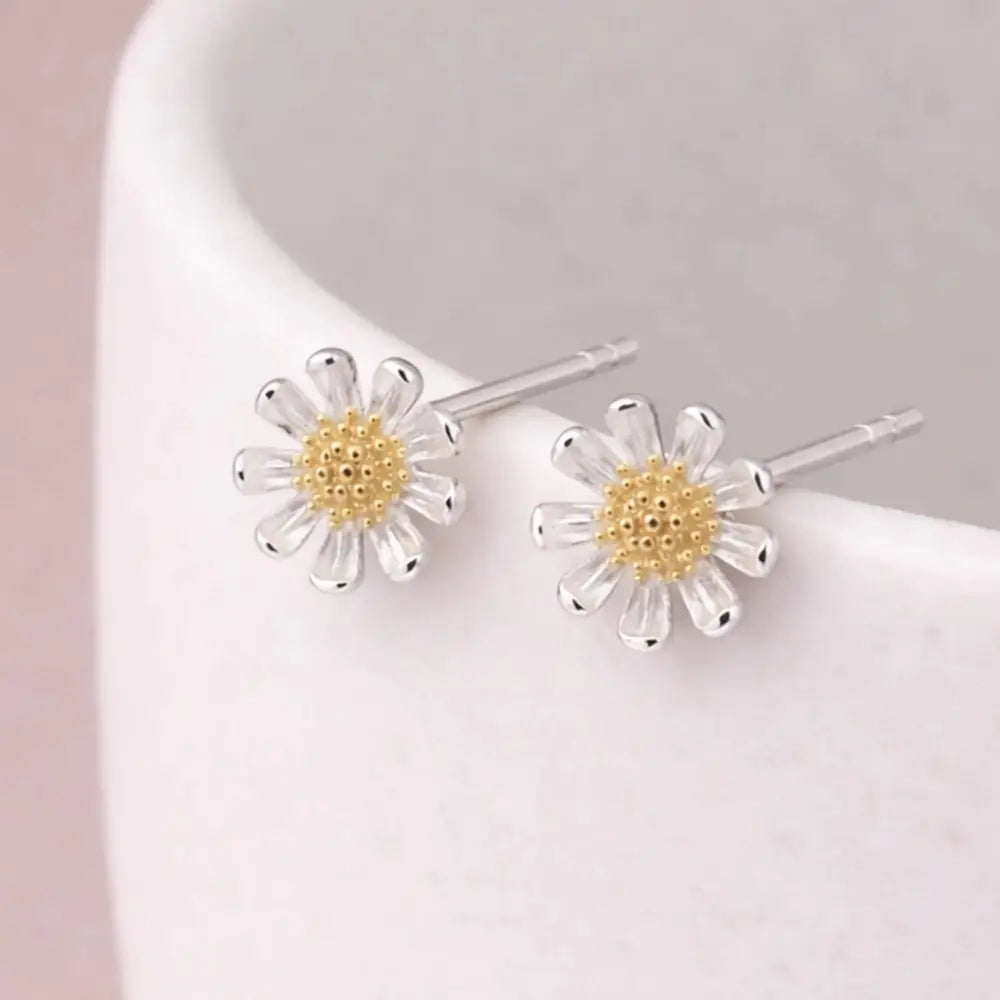Sterling Silver and Gold Daisy Stud Earrings – 10Mm
