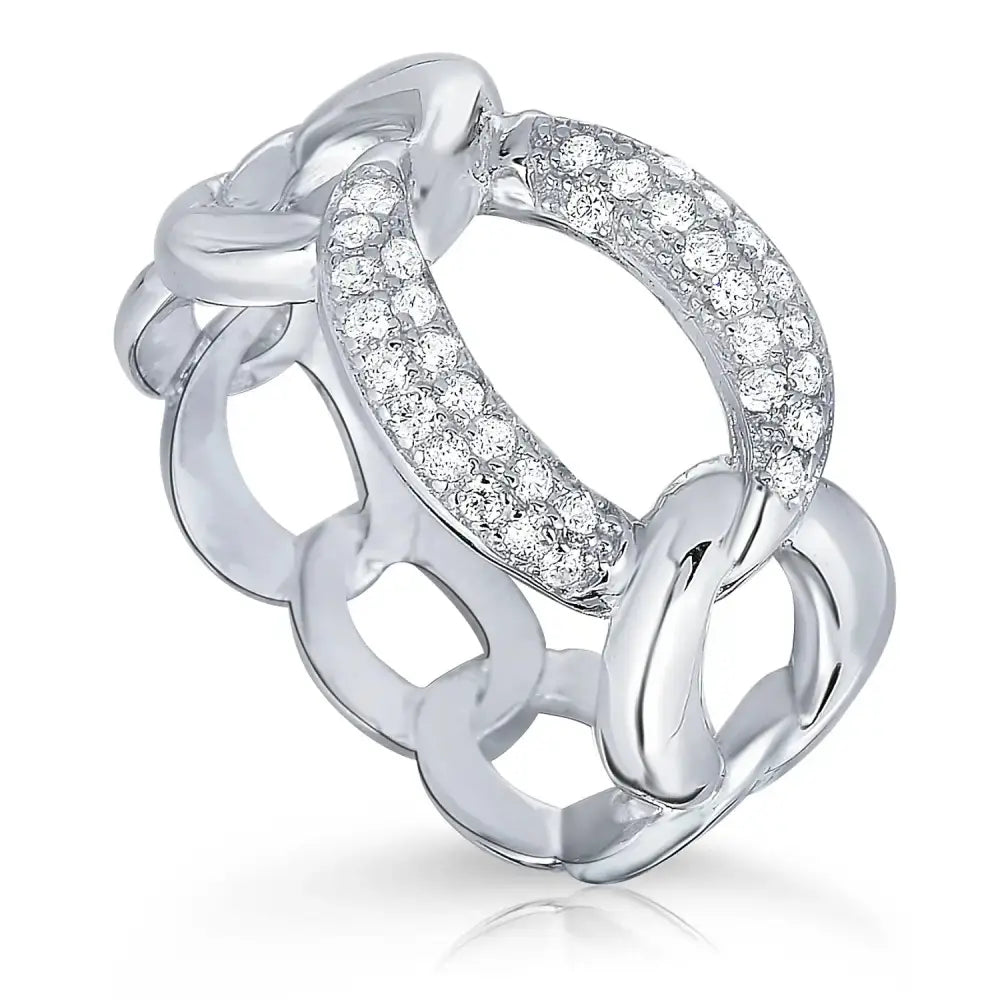 Sterling Silver CZ Cuban Link Ring - Chic Bold Chain Design for Her, Perfect for Mother's Day and Special Occasions.