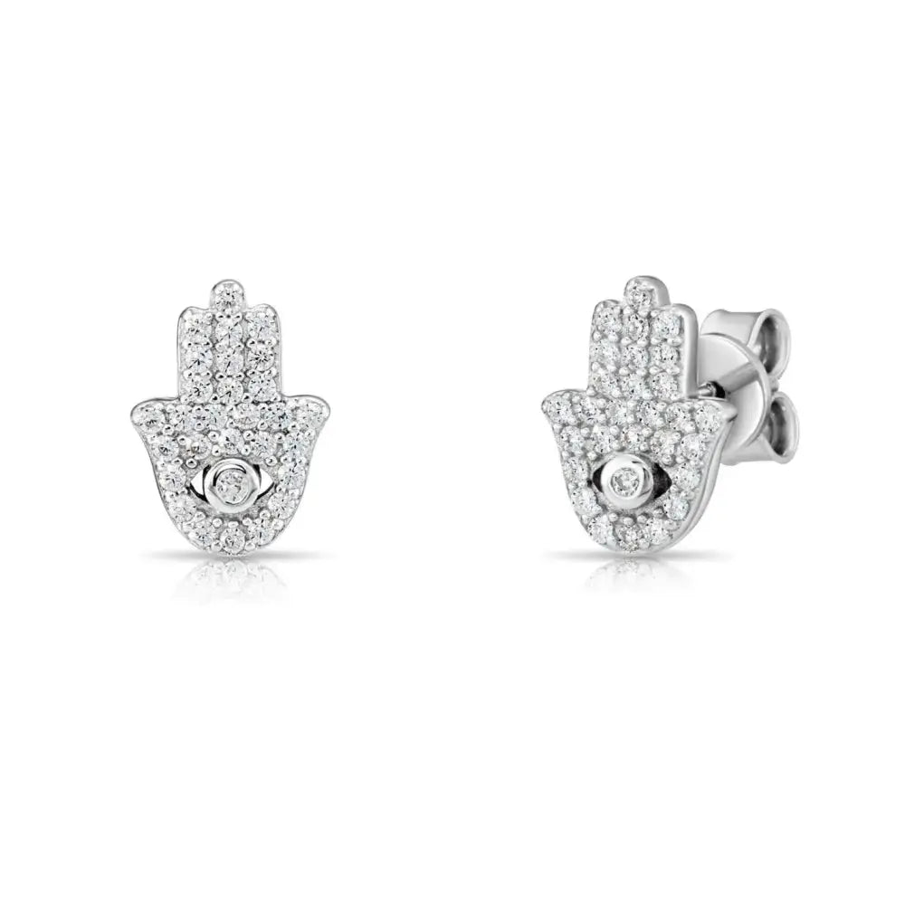 Sterling Silver CZ Hamsa Stud Earrings – Evil Eye Protection Jewelry.