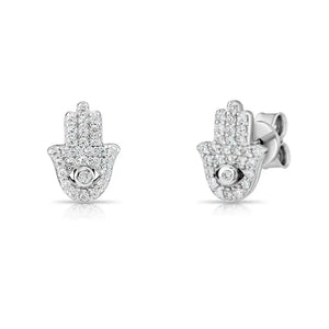 Sterling Silver CZ Hamsa Stud Earrings – Evil Eye Protection Jewelry.