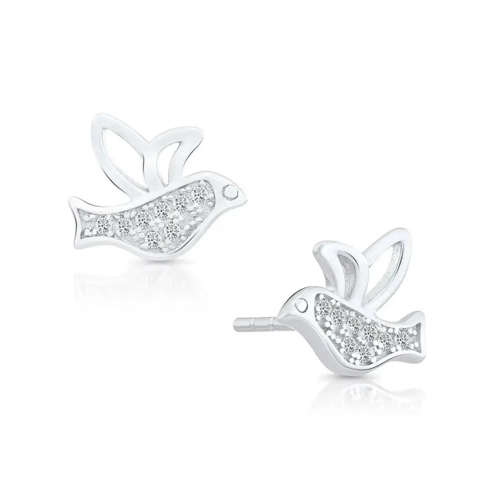 Sterling Silver CZ Little Bird Stud Earrings - Charming and Elegant Accessory.