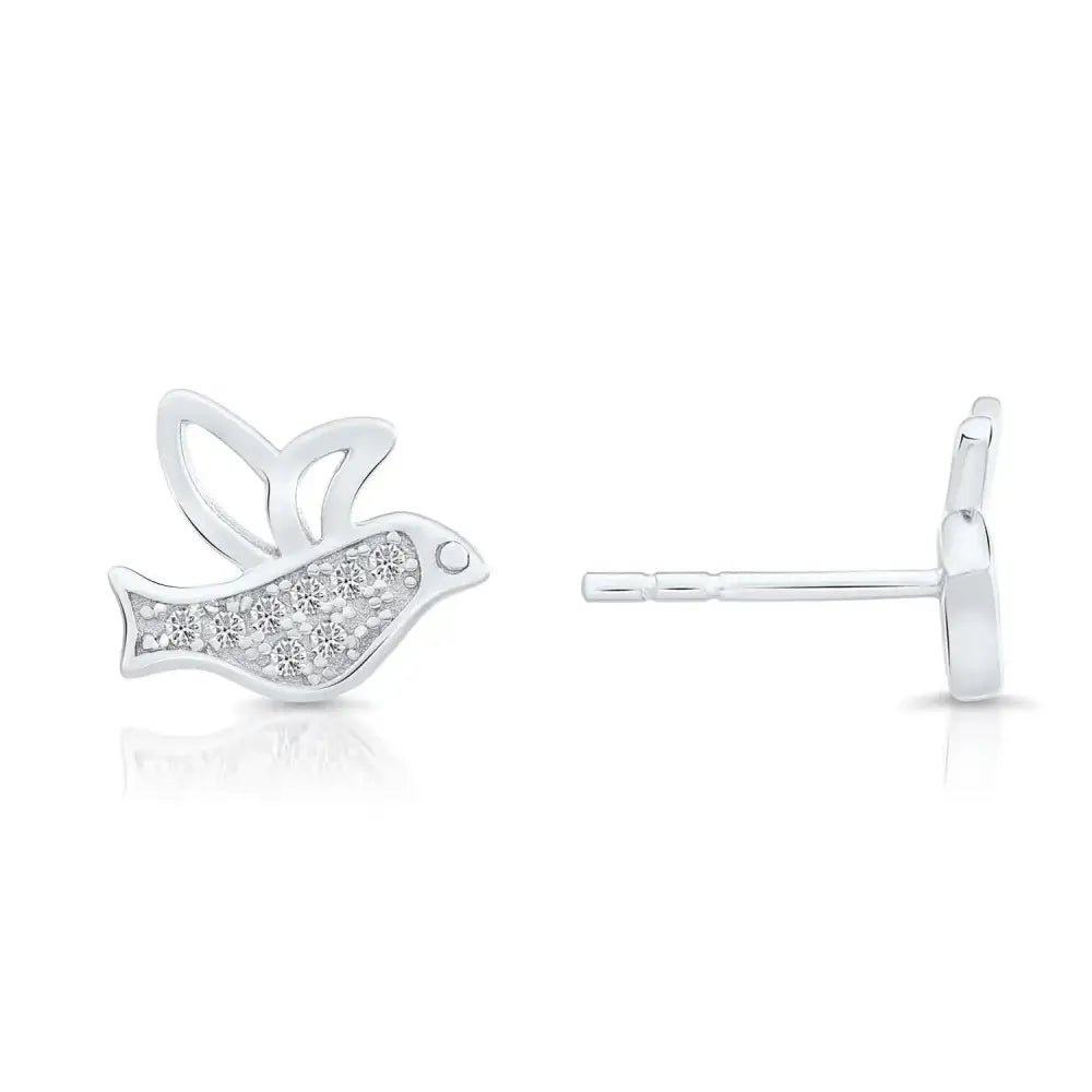 Sterling Silver CZ Little Bird Stud Earrings - Charming and Elegant Accessory.
