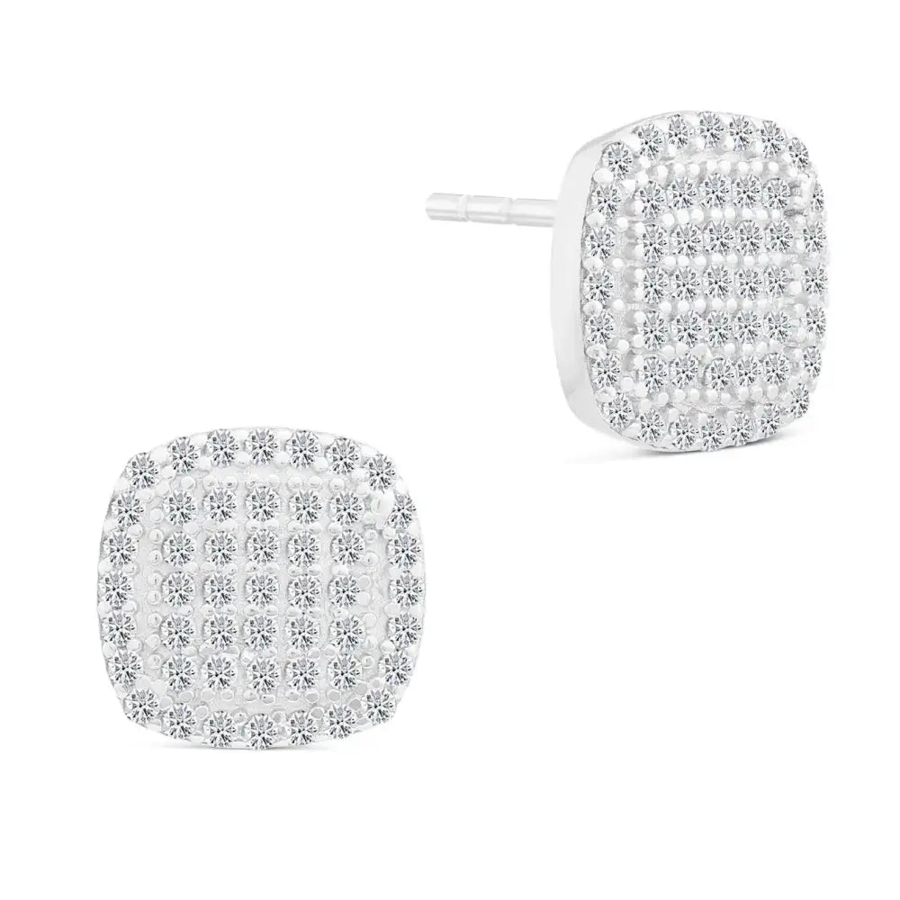 Sterling Silver CZ Pave Square Stud Earrings - Unisex Elegance.