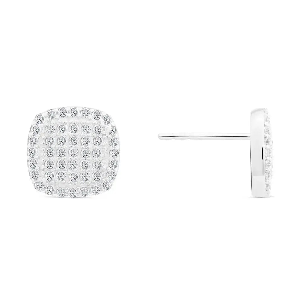 Sterling Silver CZ Pave Square Stud Earrings - Unisex Elegance.