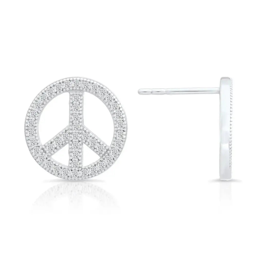Sterling Silver CZ Small Open Peace Sign Stud Earrings – Trendy & Elegant Accessory.
