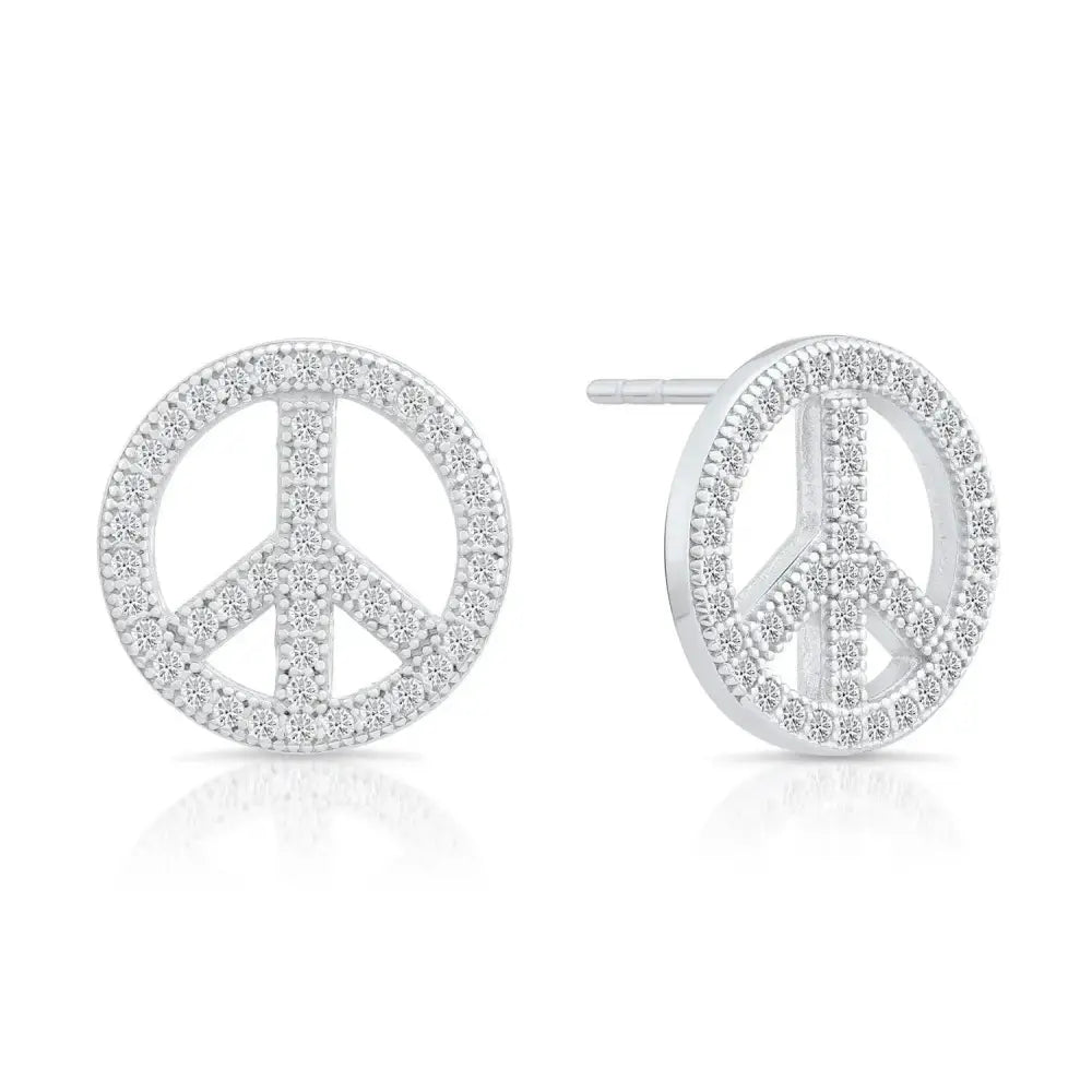 Sterling Silver CZ Small Open Peace Sign Stud Earrings – Trendy & Elegant Accessory.