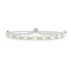 Sterling Silver Fire Opal Bracelet with Brilliant Cubic Zirconia Stones, Adjustable Simulated Opal Bracelet, 6-9 Inch, by TILO Jewelry