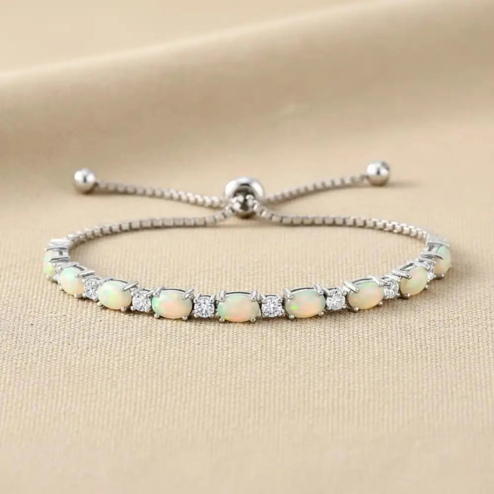 Sterling Silver Fire Opal Bracelet with Brilliant Cubic Zirconia Stones, Adjustable Simulated Opal Bracelet, 6-9 Inch, by TILO Jewelry