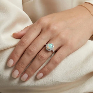 Sterling Silver Fire Opal Oval Ring, with CZ Halo
