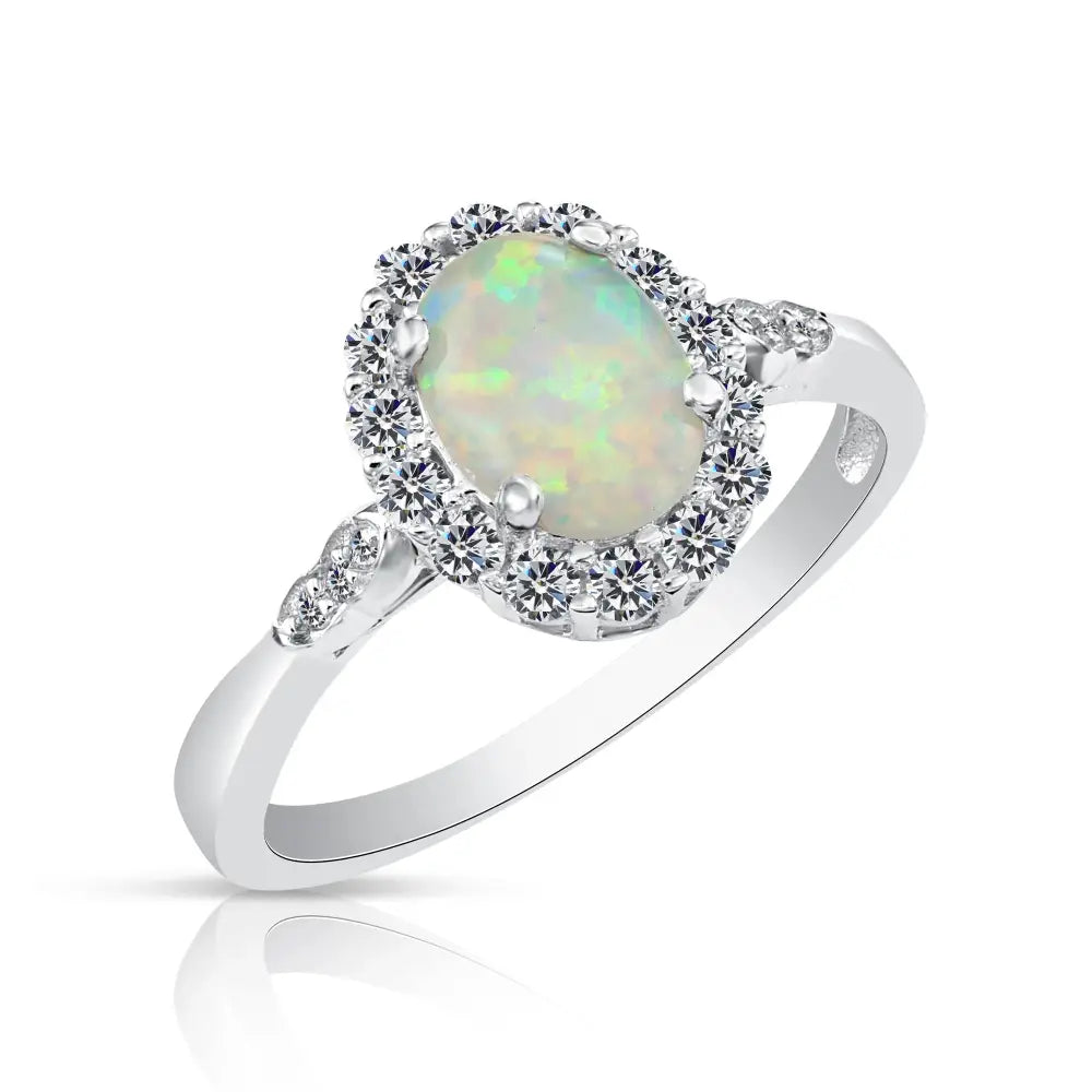 Sterling Silver Fire Opal Oval Ring, with CZ Halo