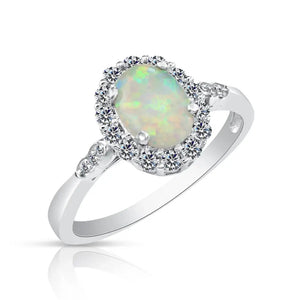 Sterling Silver Fire Opal Oval Ring, with CZ Halo