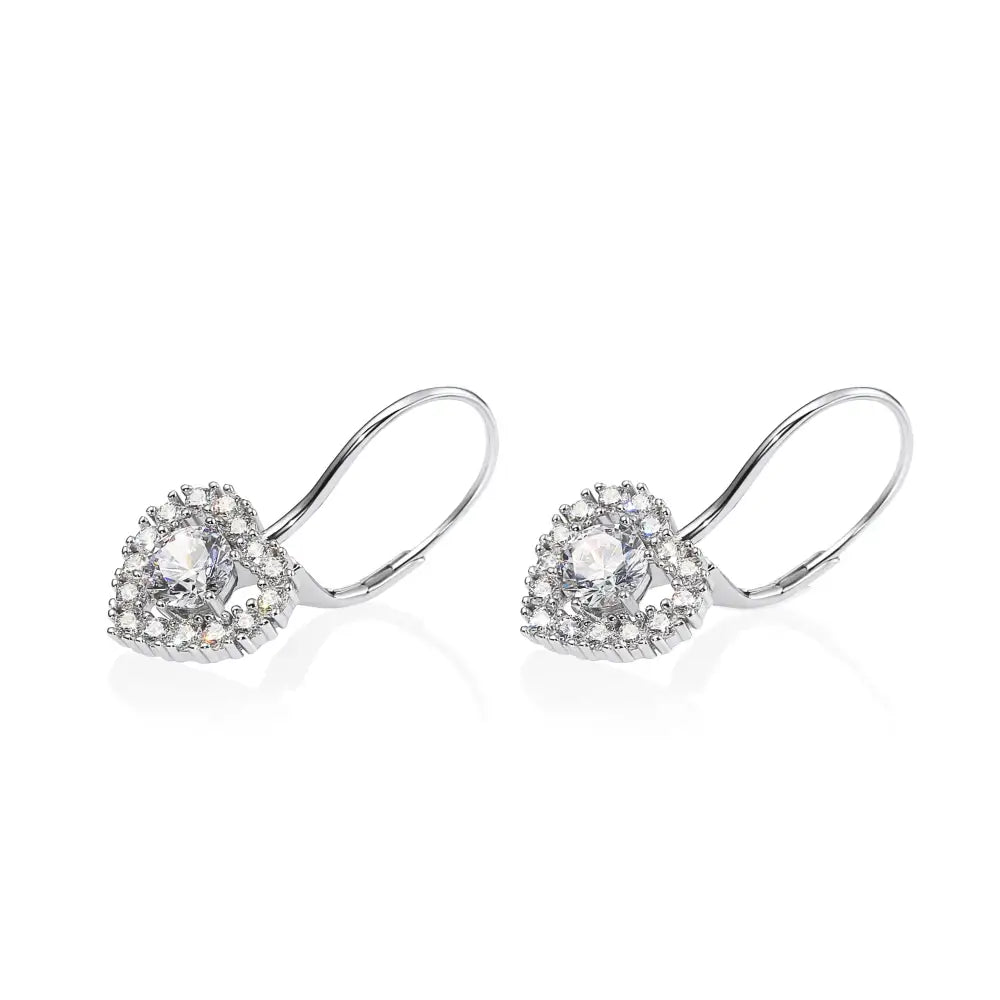 Sterling Silver Heart Halo Earrings, French Lever-Back Design with Sparkling Cubic Zirconia, Statement and Bridal Jewelry