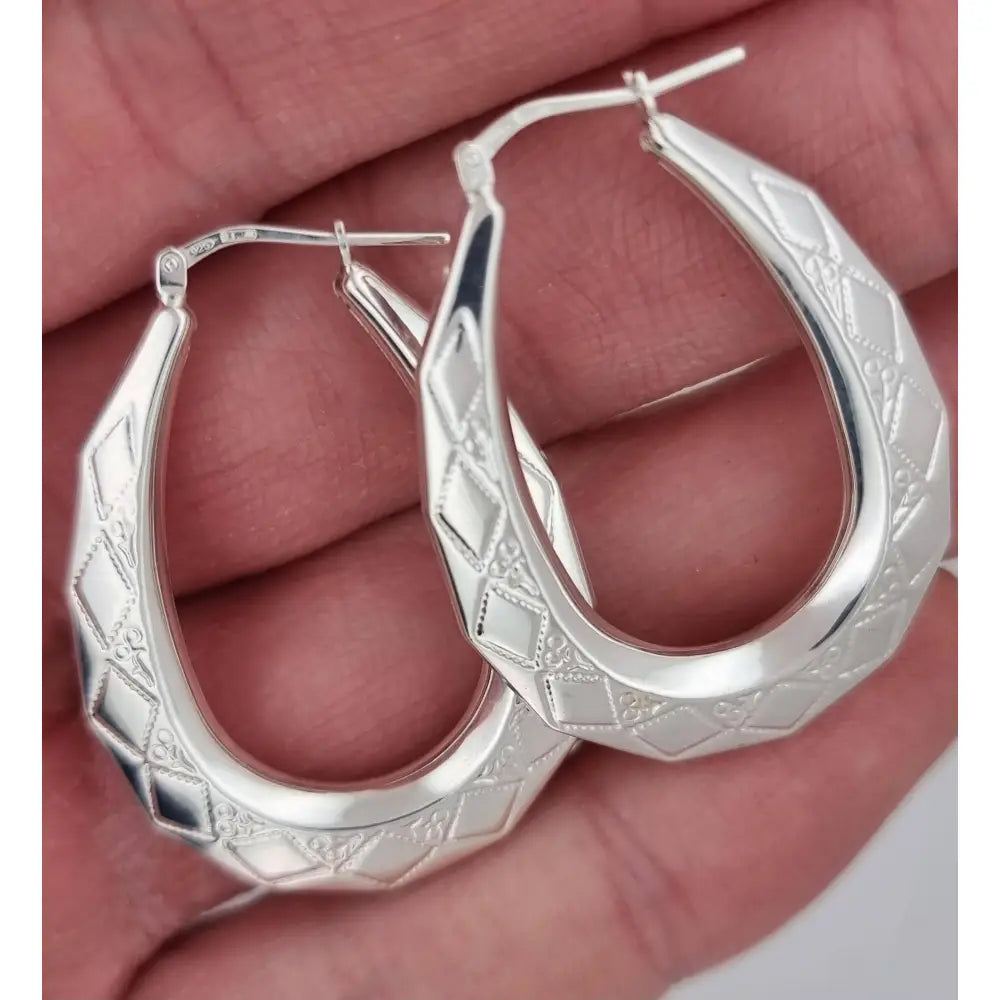 Sterling Silver Hoop Earrings 40X30Mm Oval Engraved U Shape Diamond Pattern Gypsy Victorian Creoles Gift Box