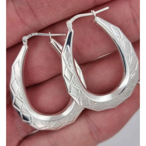 Sterling Silver Hoop Earrings 40X30Mm Oval Engraved U Shape Diamond Pattern Gypsy Victorian Creoles Gift Box