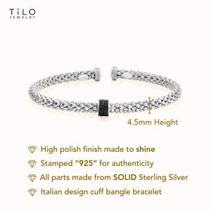 Sterling Silver Italian Black Onyx Cuff Bangle Bracelet, Fits 6"-7"