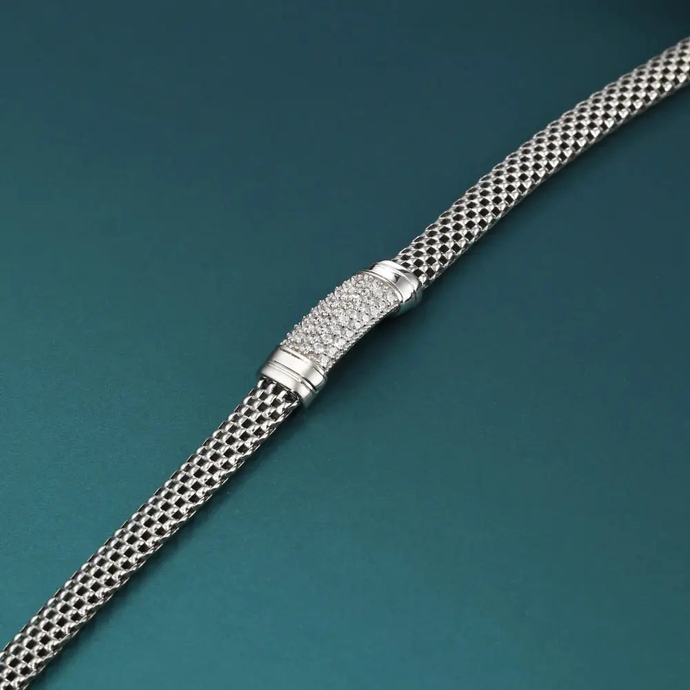 Sterling Silver Italian CZ Bar Bracelet, Handmade with a Secure Lobster Lock, (7.5")