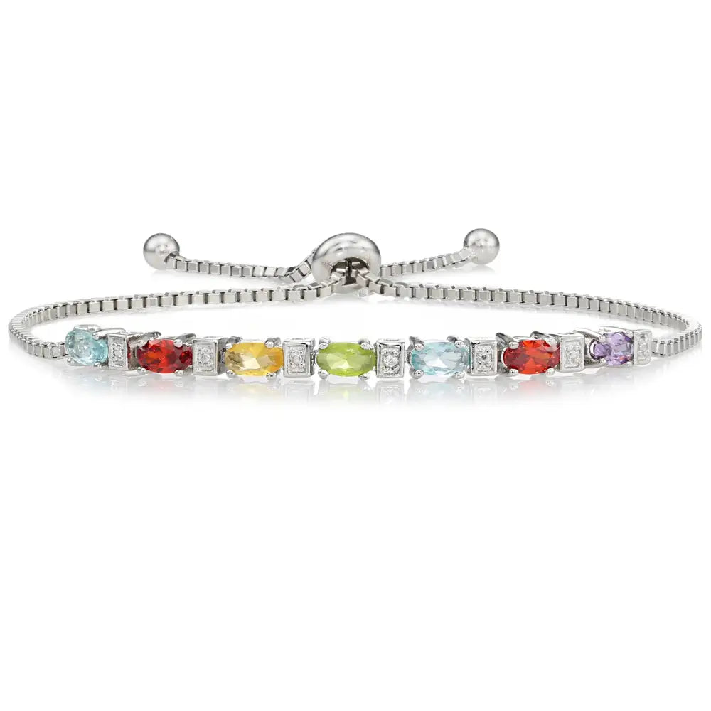 Sterling Silver Multicolor Rainbow CZ Bracelet, Adjustable Length