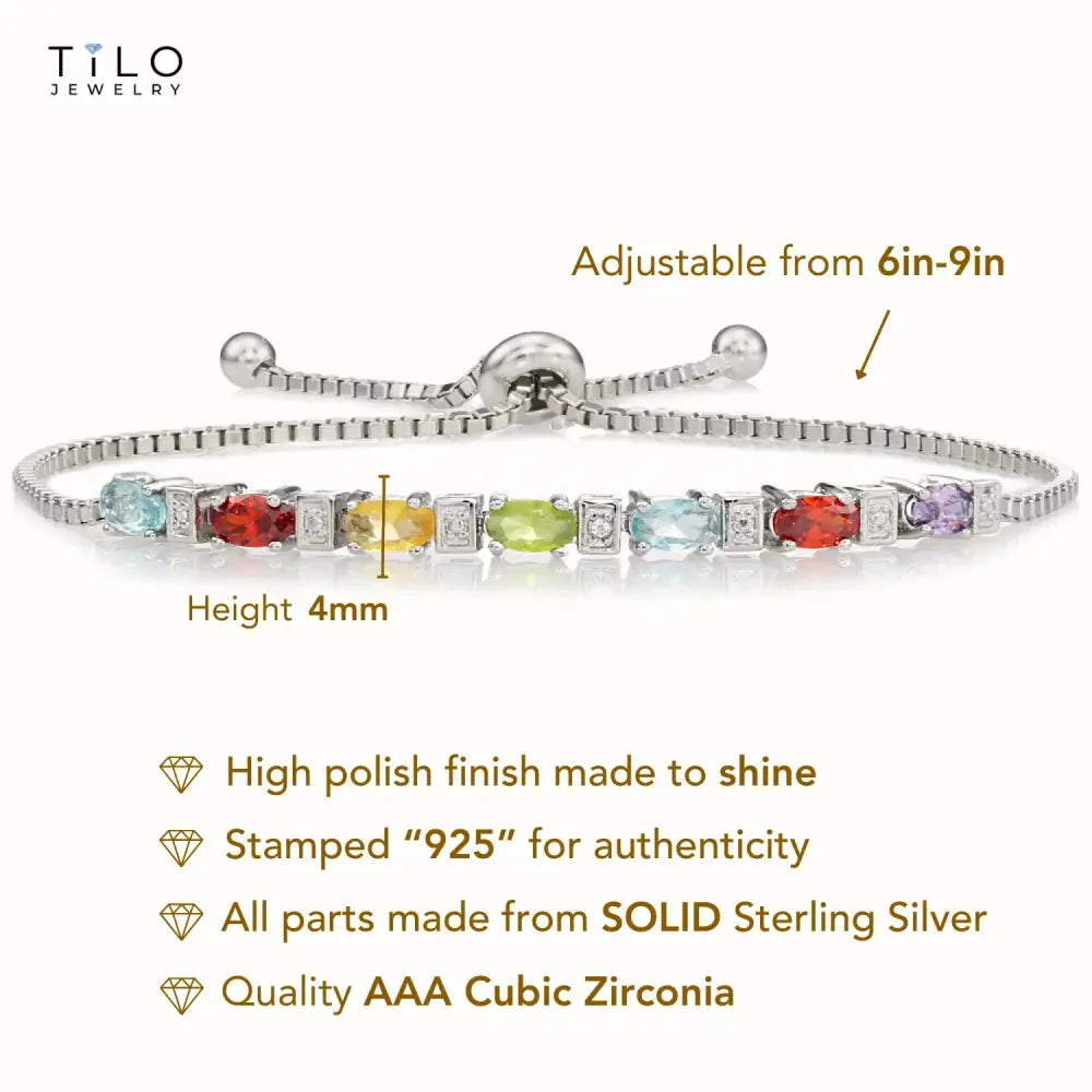 Sterling Silver Multicolor Rainbow CZ Bracelet, Adjustable Length