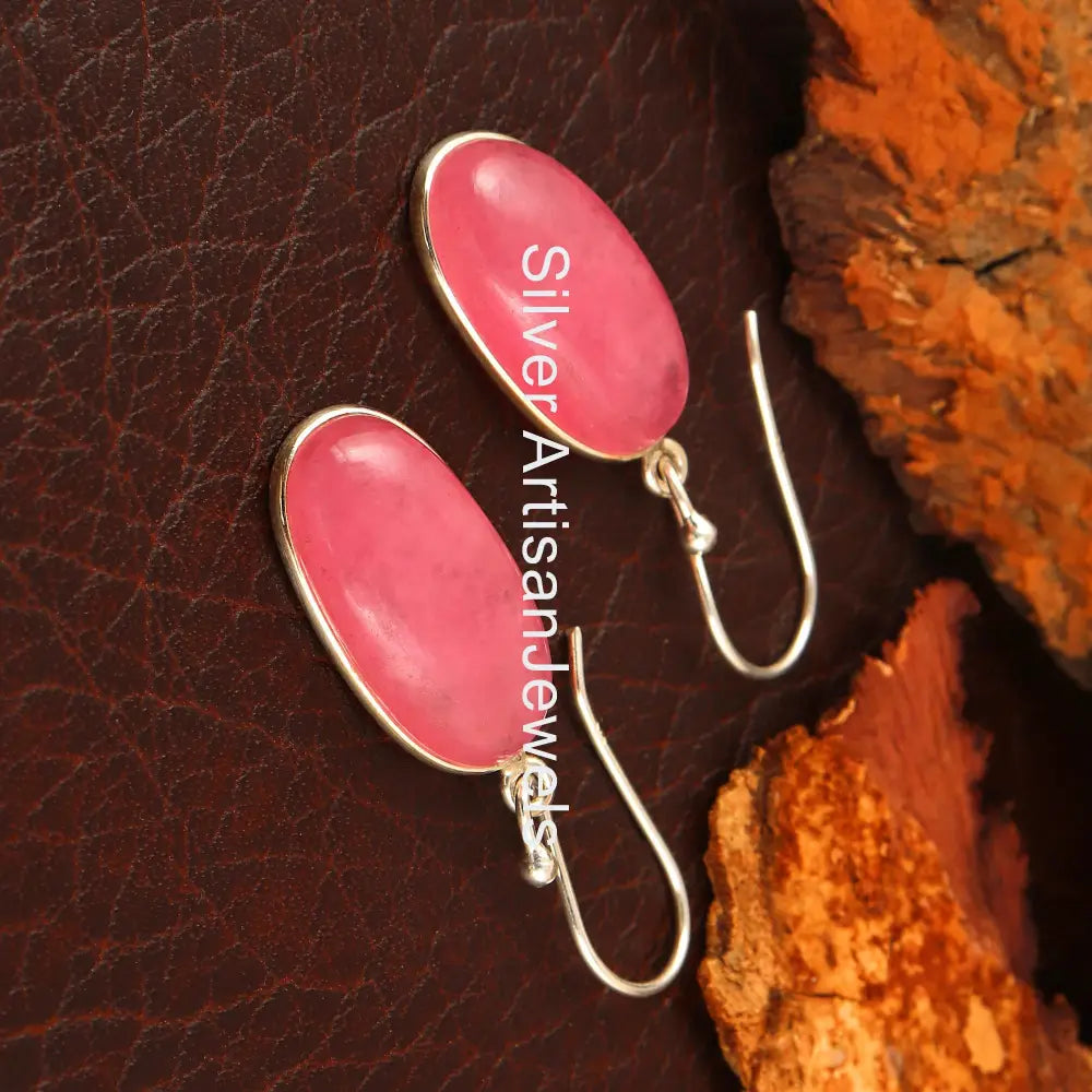 Sterling Silver Pink Jade Earrings: Boho Dangle Drop Earrings