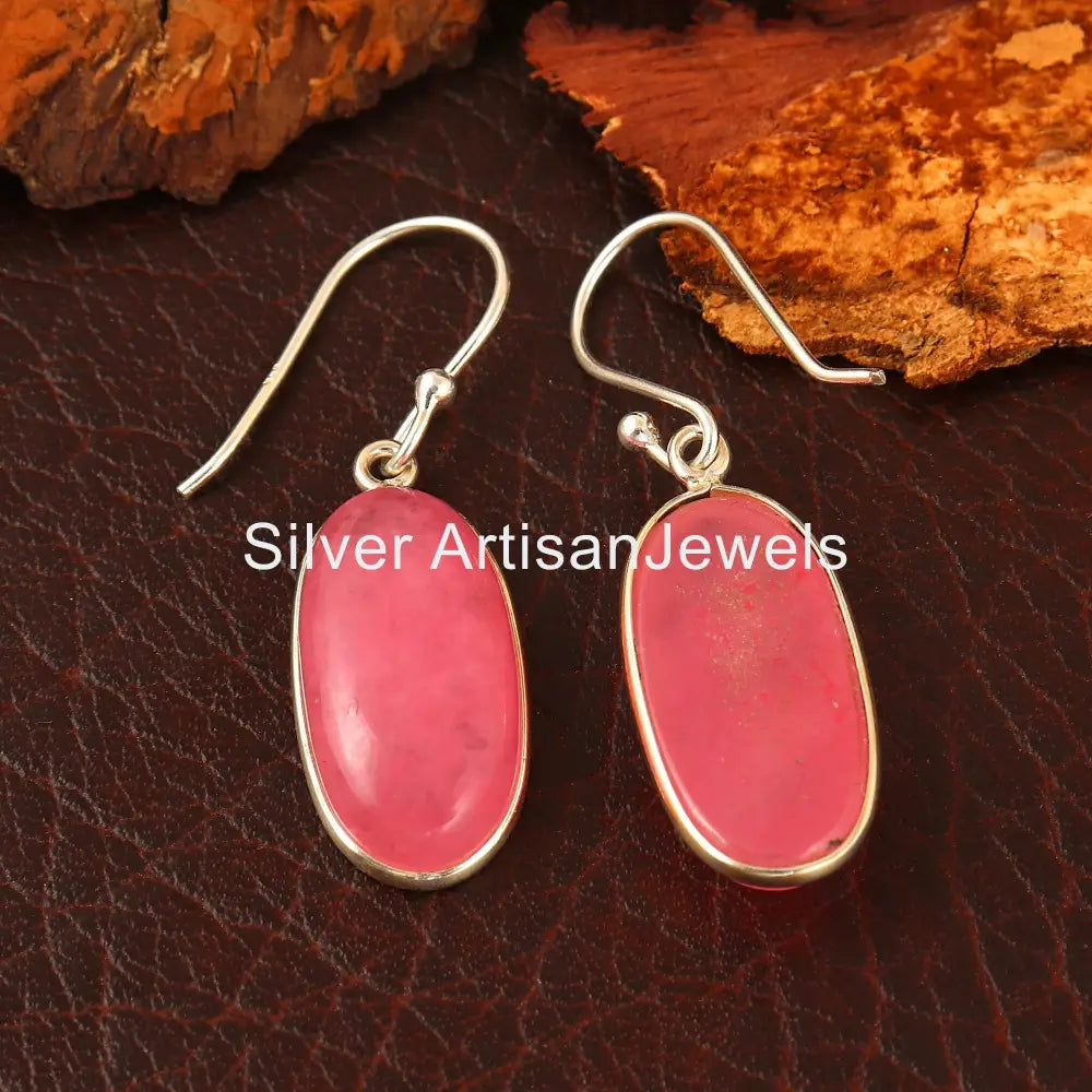 Sterling Silver Pink Jade Earrings: Boho Dangle Drop Earrings