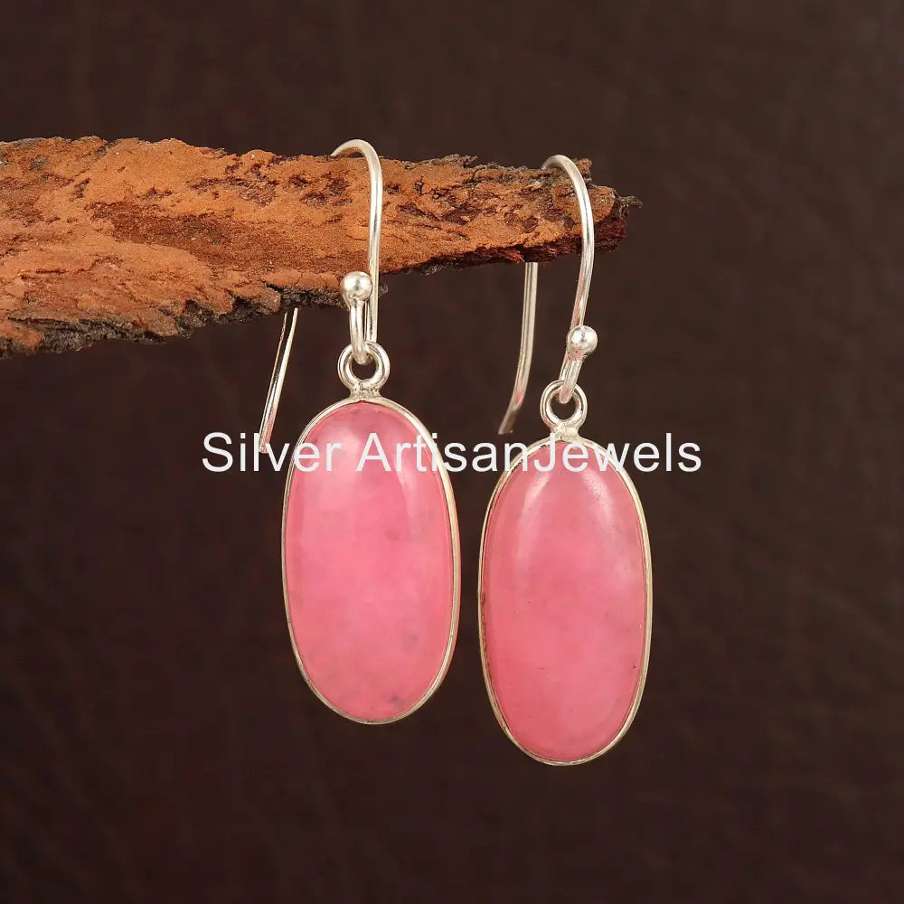 Sterling Silver Pink Jade Earrings: Boho Dangle Drop Earrings