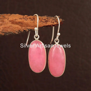 Sterling Silver Pink Jade Earrings: Boho Dangle Drop Earrings