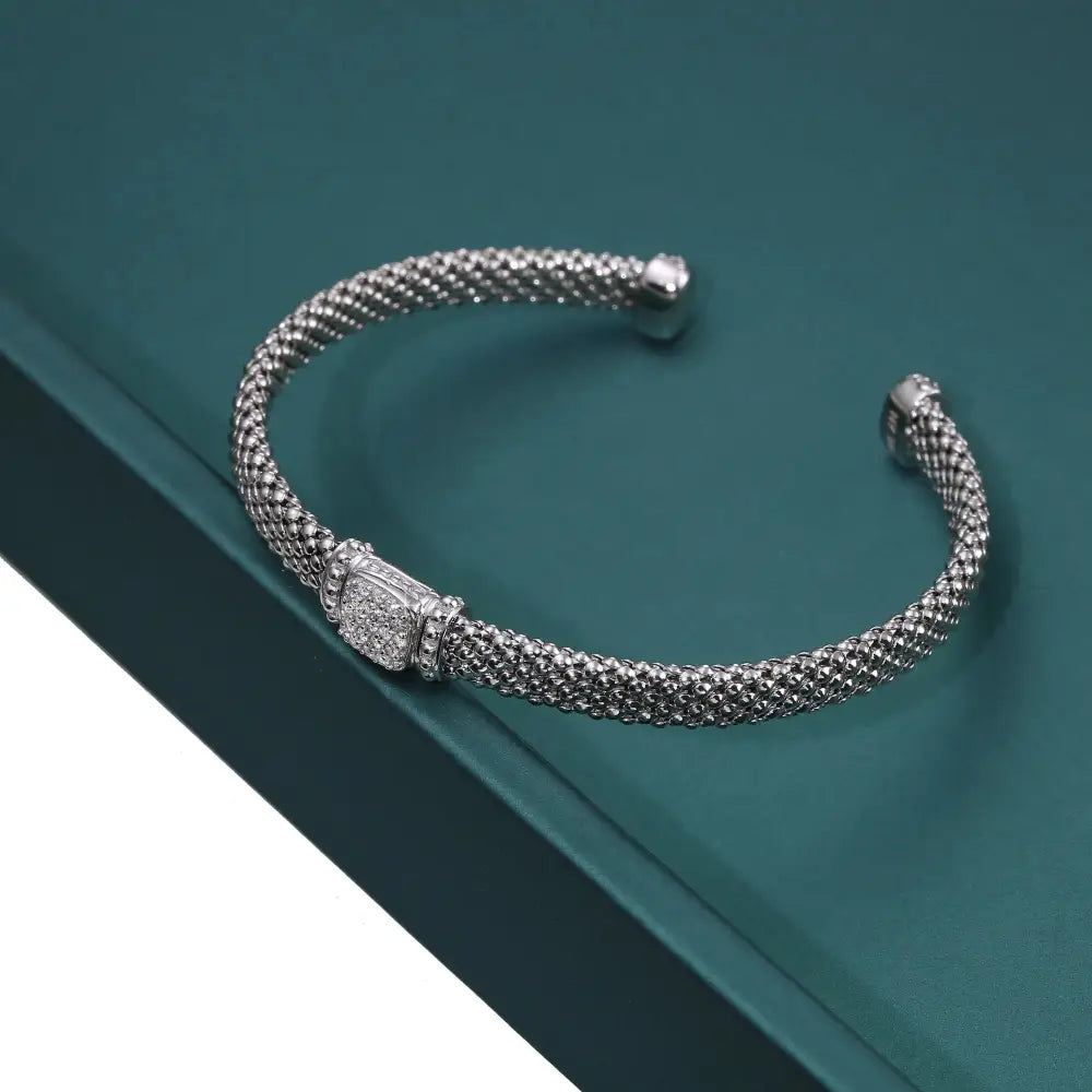 Sterling Silver Simulated Diamond Italian Cuff Bracelet, Fits 7In-8In