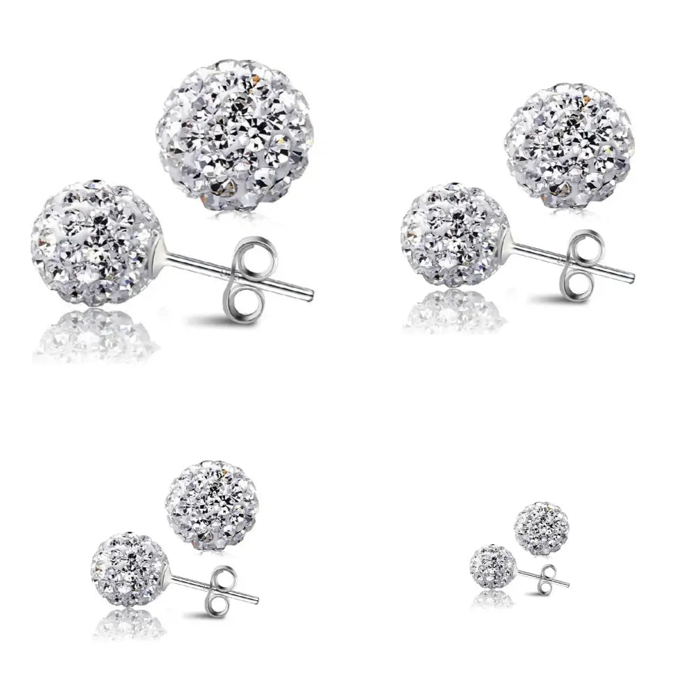 Sterling Silver Small to Big Shamballa Crystal Ball Stud Earrings 4, 5, 6, 8 Mm Diameter