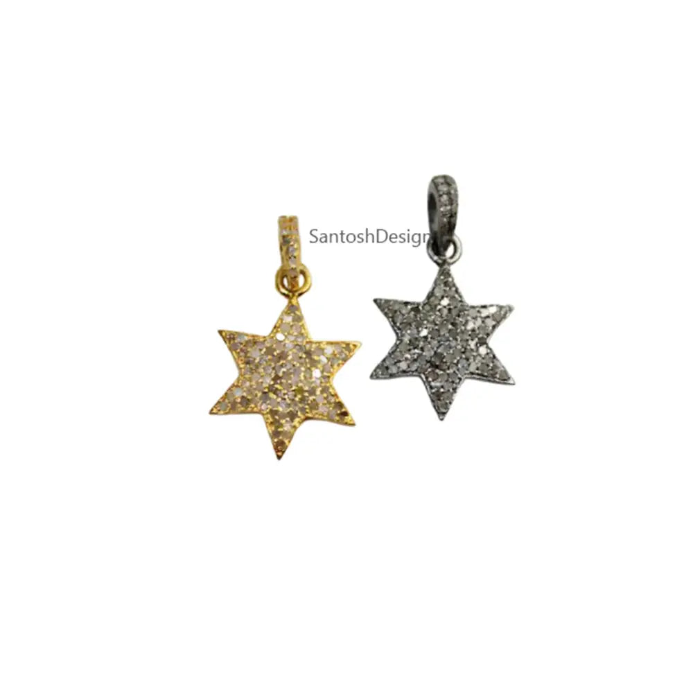 Sterling Silver Star Pendant, Pave Diamond Charm, Handmade Jewelry (28X16 MM)