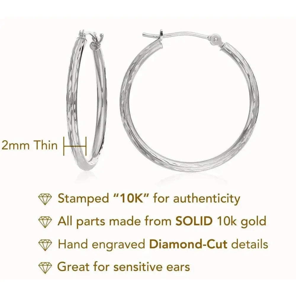 Stunning 10K White Gold Hand-Engraved Diamond-Cut Hoop Earrings - Crafted in the USA