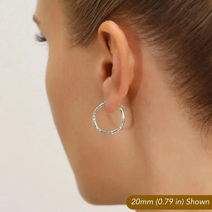 Stunning 10K White Gold Hand-Engraved Diamond-Cut Hoop Earrings - Crafted in the USA.