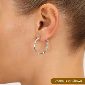 Stunning 10K White Gold Hand-Engraved Diamond-Cut Hoop Earrings - Crafted in the USA.