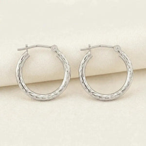 Stunning 10K White Gold Hand-Engraved Diamond-Cut Hoop Earrings - Crafted in the USA.