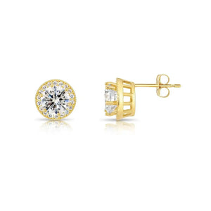 Stunning 10K Yellow Gold Large Round Cubic Zirconia Halo Stud Earrings.