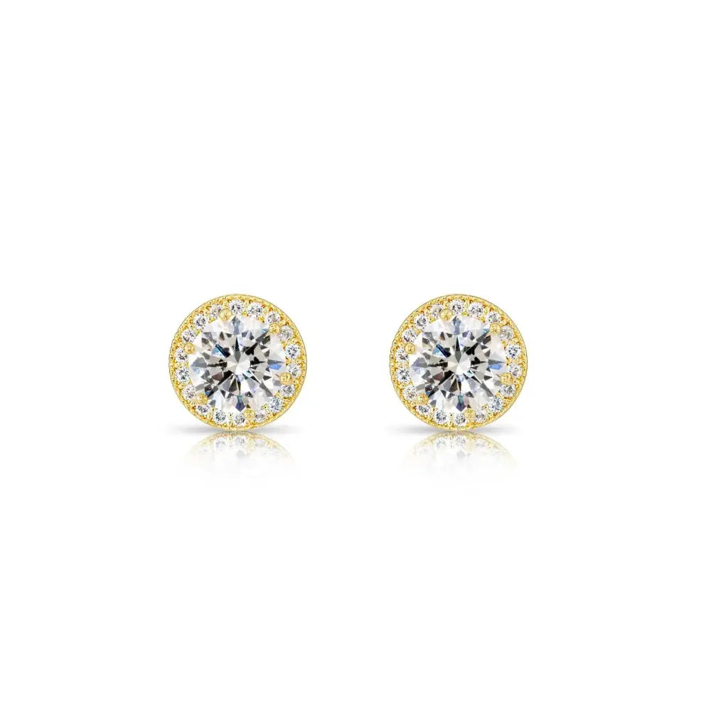 Stunning 10K Yellow Gold Large Round Cubic Zirconia Halo Stud Earrings.