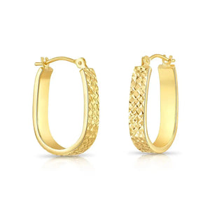 Stunning 14K Gold Diamond-Cut Oval Hoop Earrings with Hand Engraved Design - Luxurious U-Shape Hoops.